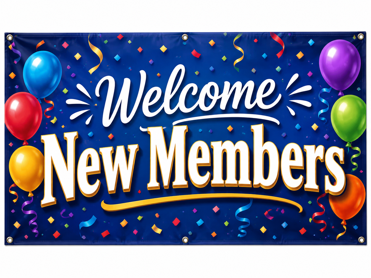 Welcome New Members banner with balloons and confetti