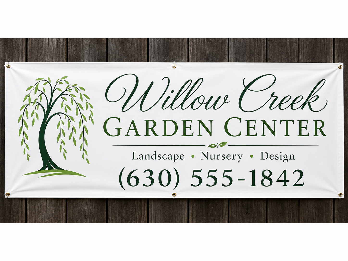 Willow Creek Garden Center vinyl banner with willow tree illustration