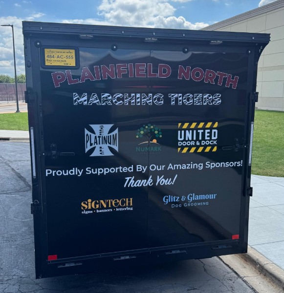Plainfield North Marching Tigers sponsor trailer lettering